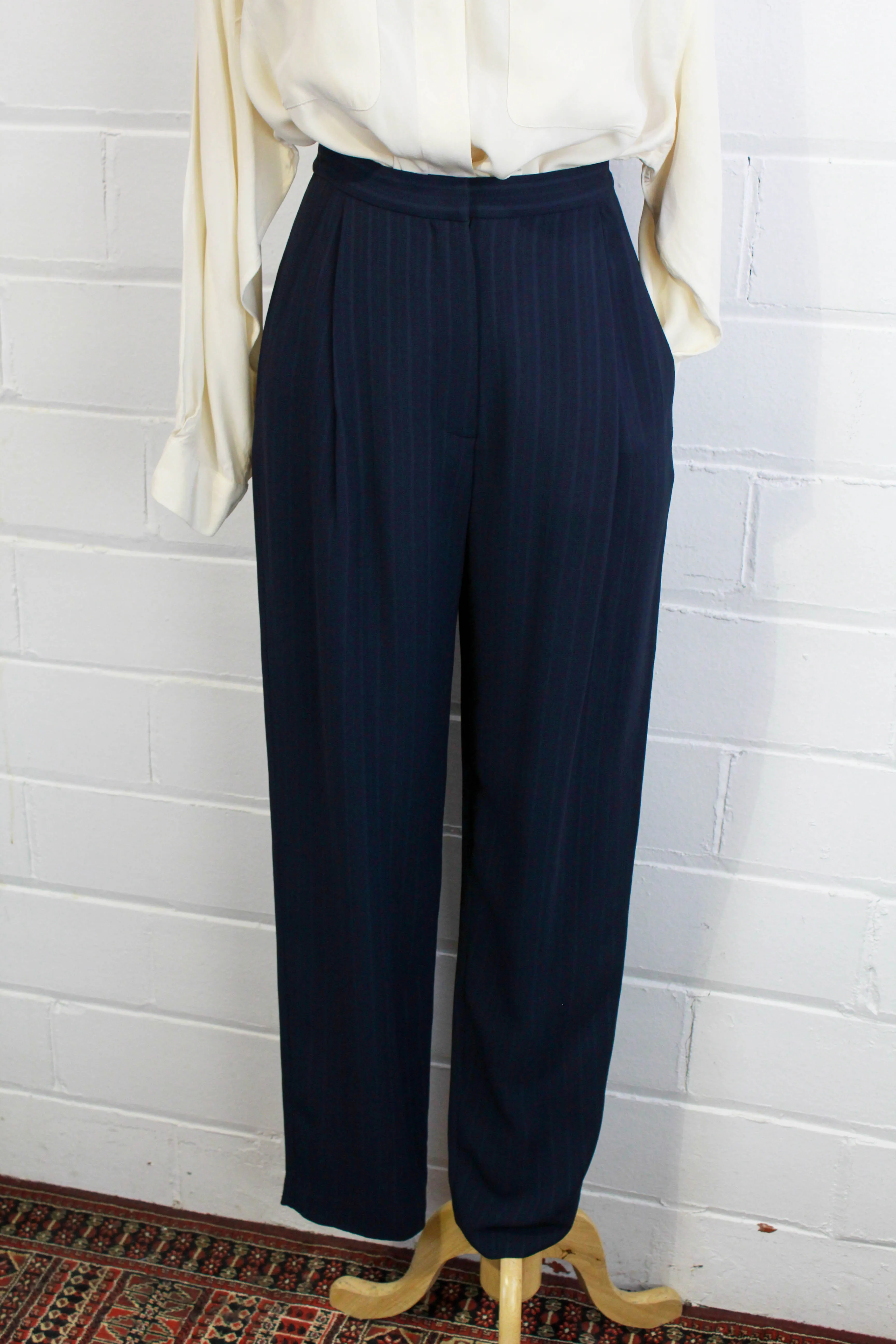 1980s Navy Pinstripe Trousers, Waist 26"