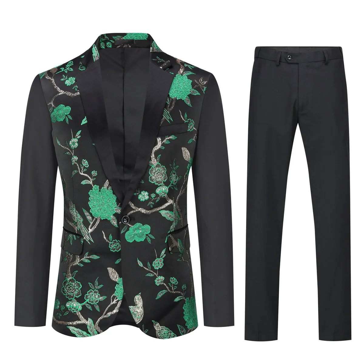 2-Piece Slim Fit Embroidered Green Floral Suit