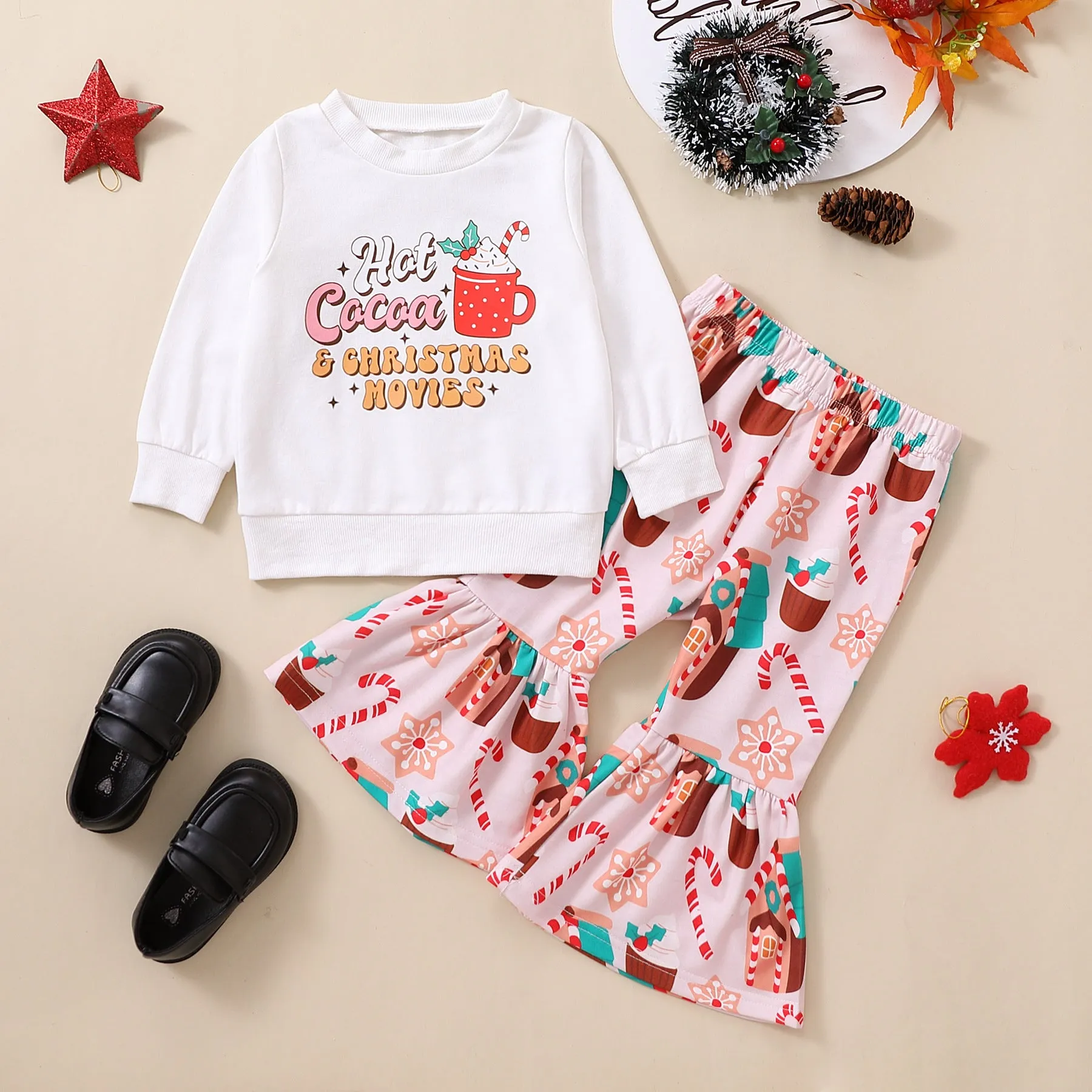 2 Pieces Set Baby Kid Girls Christmas Letters Cartoon Print Tops And Pants Wholesale 23101520