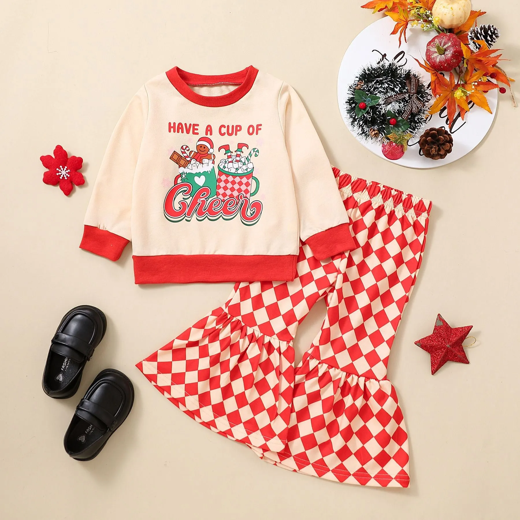 2 Pieces Set Baby Kid Girls Christmas Letters Cartoon Print Tops And Pants Wholesale 23101520