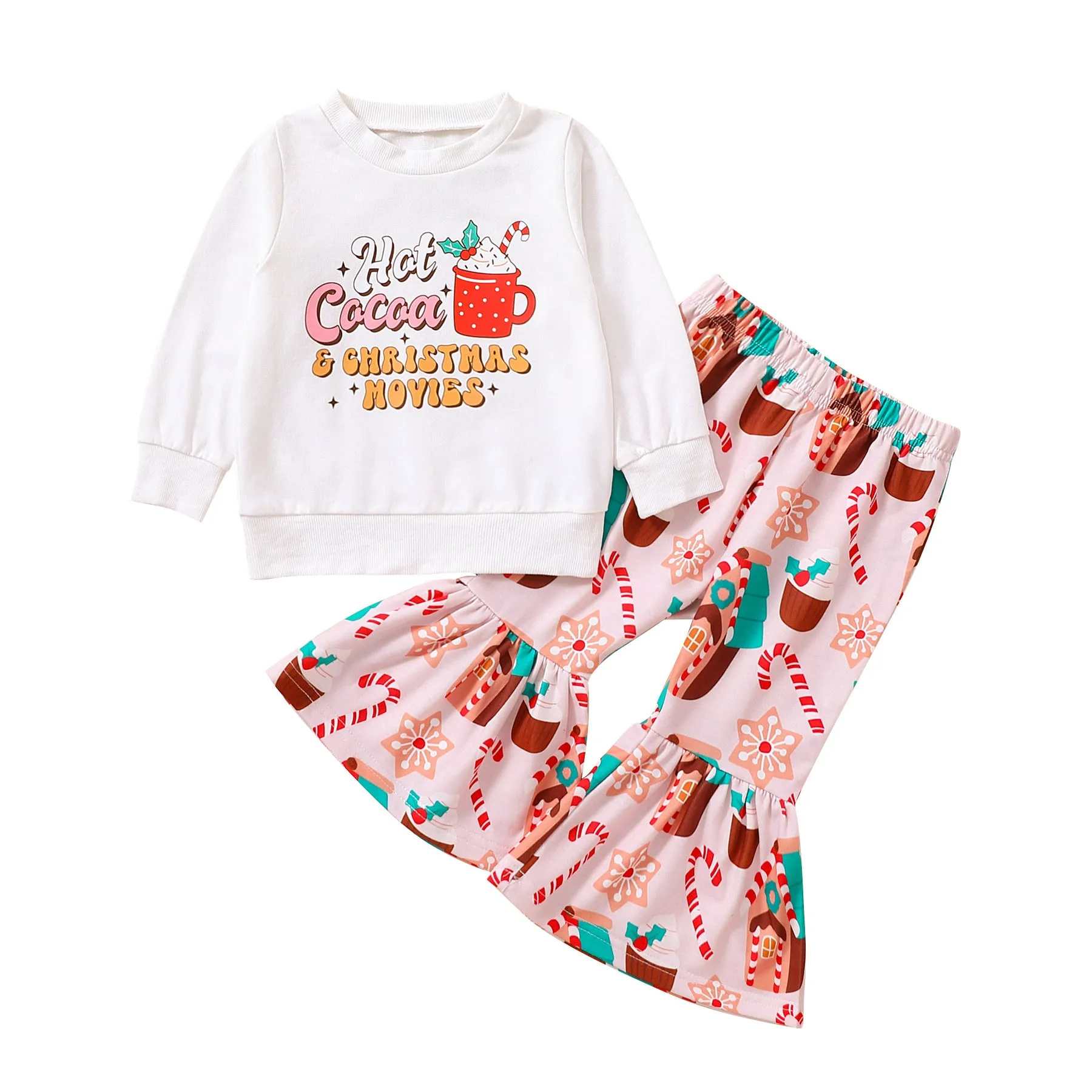 2 Pieces Set Baby Kid Girls Christmas Letters Cartoon Print Tops And Pants Wholesale 23101520