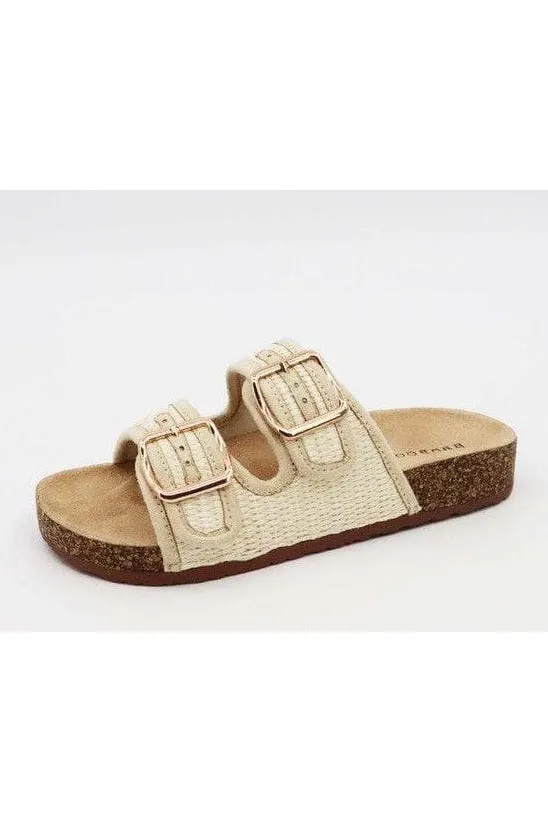 Bamboo Corc Footbed Slide Sandal w/ Raffia Strap-Tan