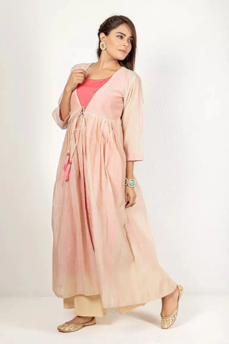 Beige & Carrot Pink Chanderi & Cotton Flax Kurta