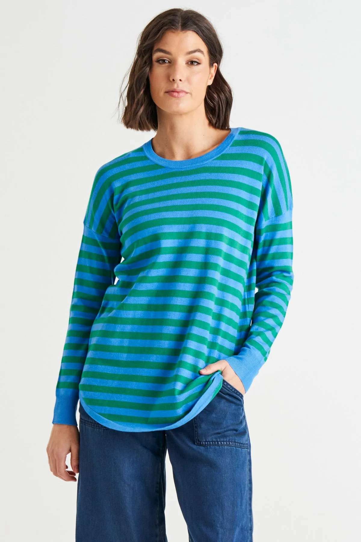 Betty Basics Sophie Knit Jumper - Green/Blue Stripe