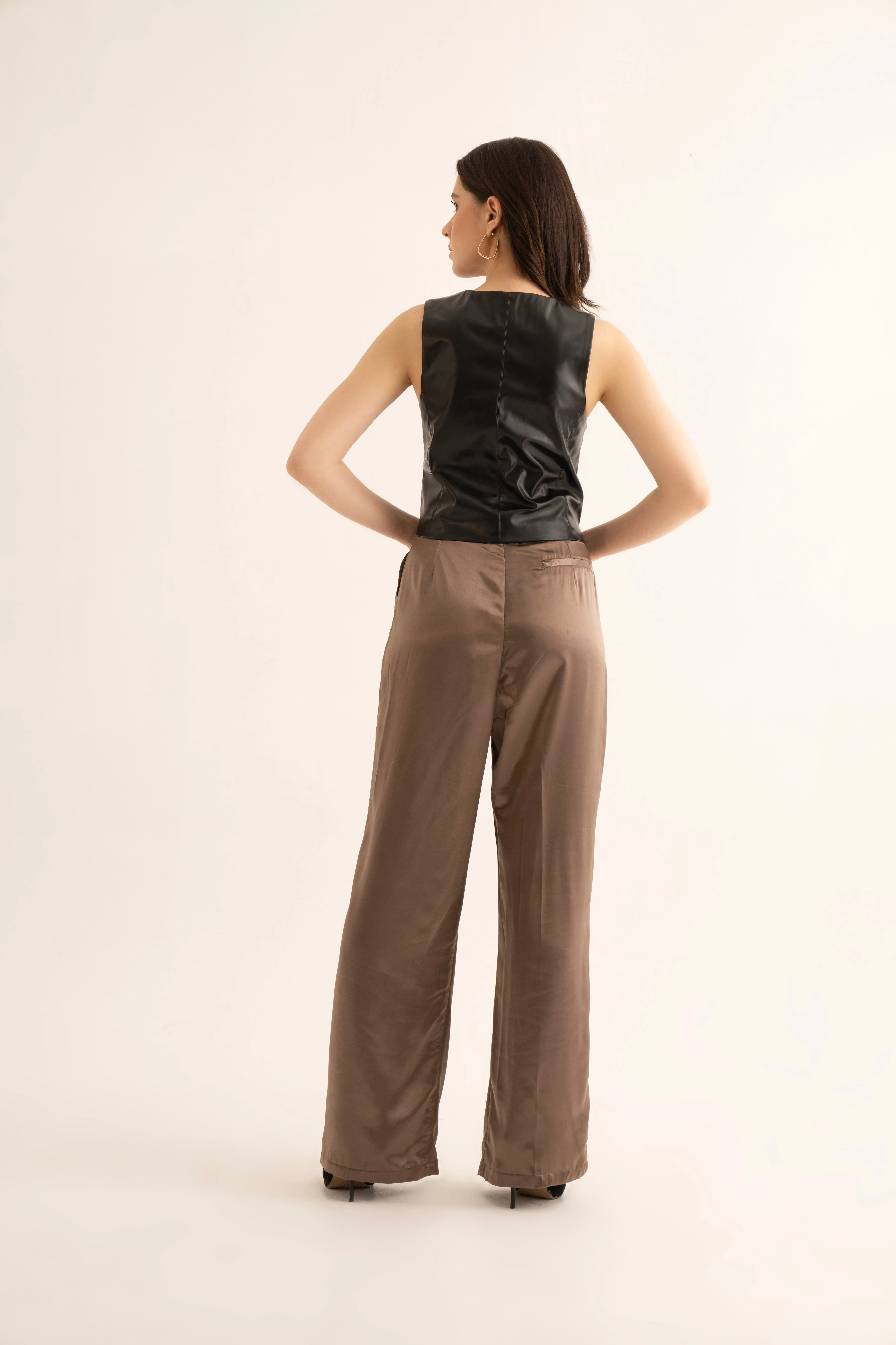 Black Faux Leather Waistcoat and Satin Korean Pants Co-ord Set