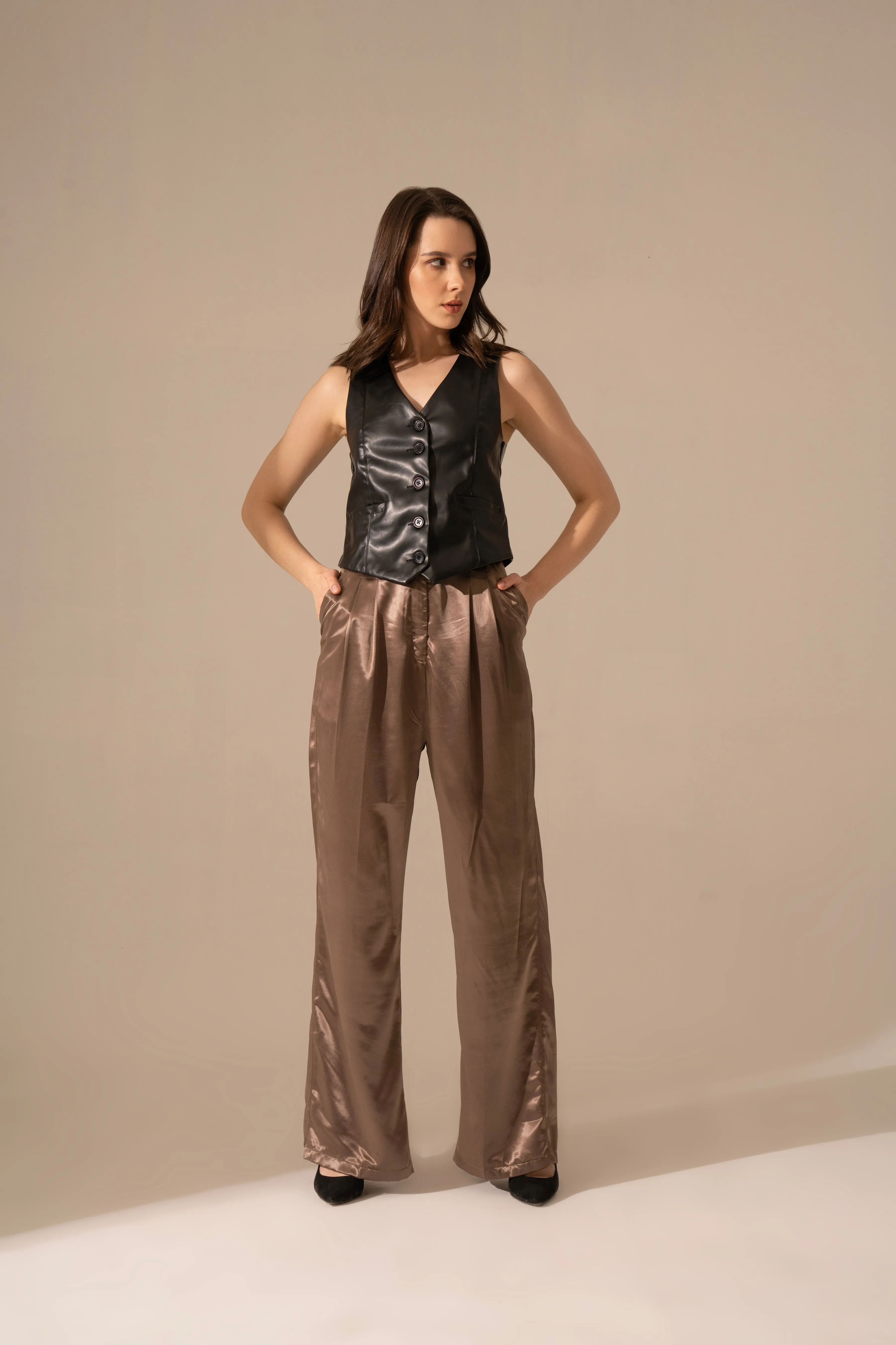 Black Faux Leather Waistcoat and Satin Korean Pants Co-ord Set