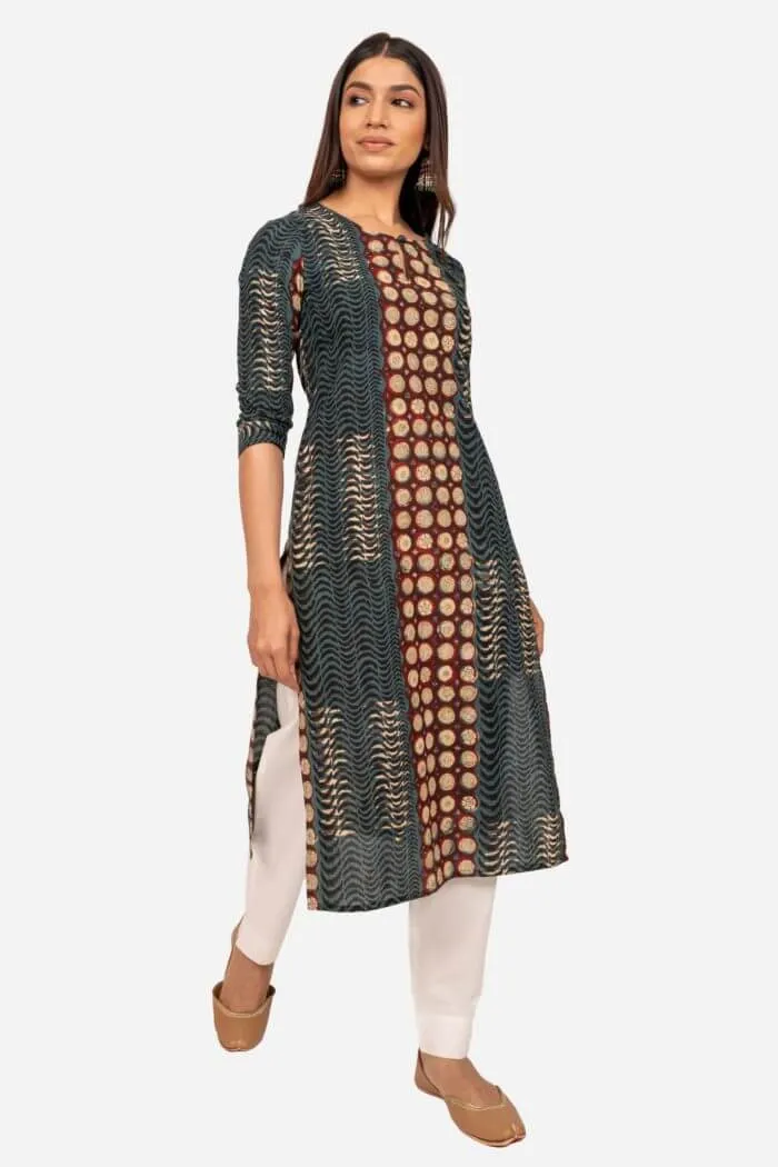 Brown And Green Handblock Printed Cotton Kurta