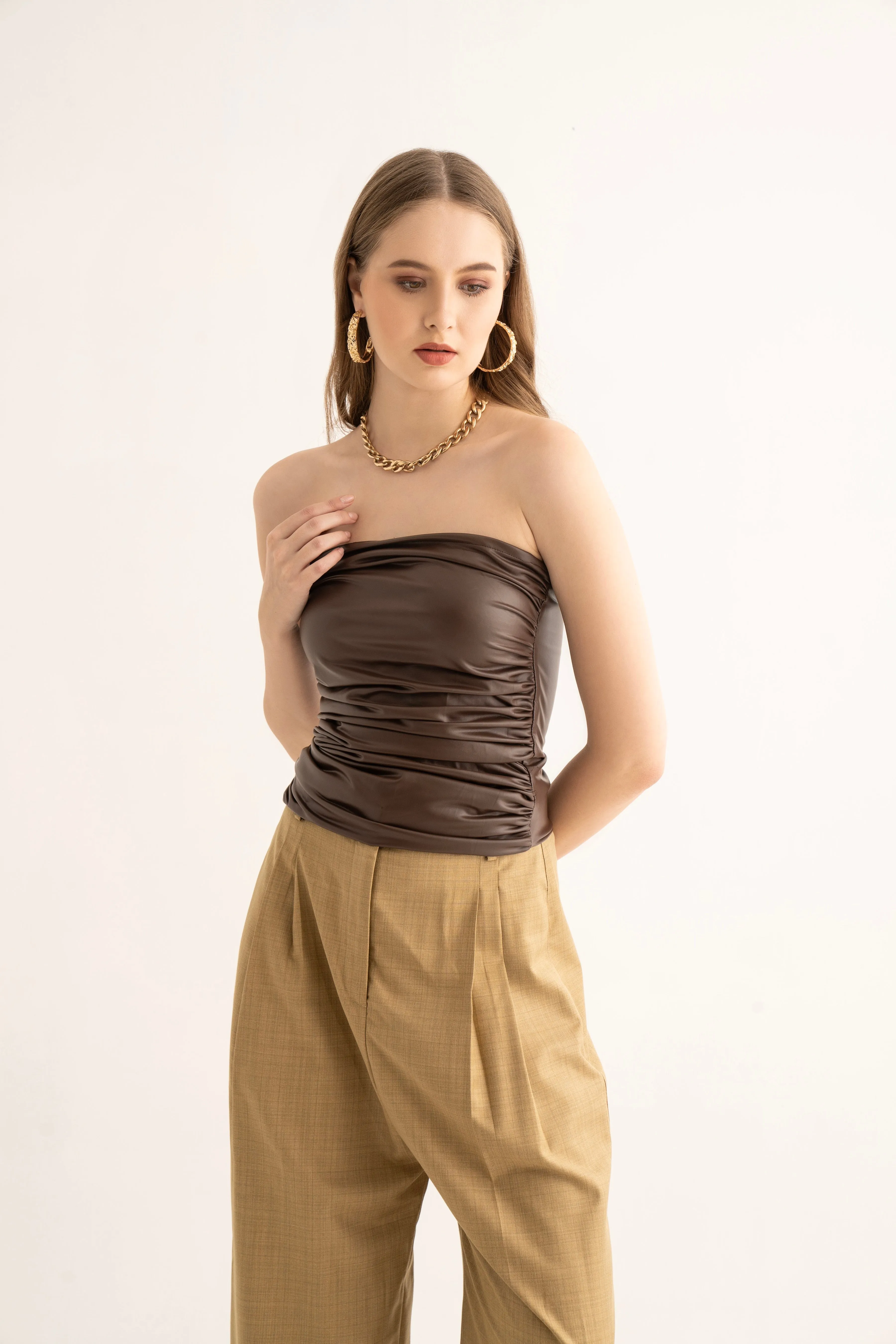 Brown Gathered Tube Top and Suiting Pants Co-ord Set