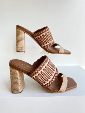 Coffee Ramie Contrast Boho Strap Heel