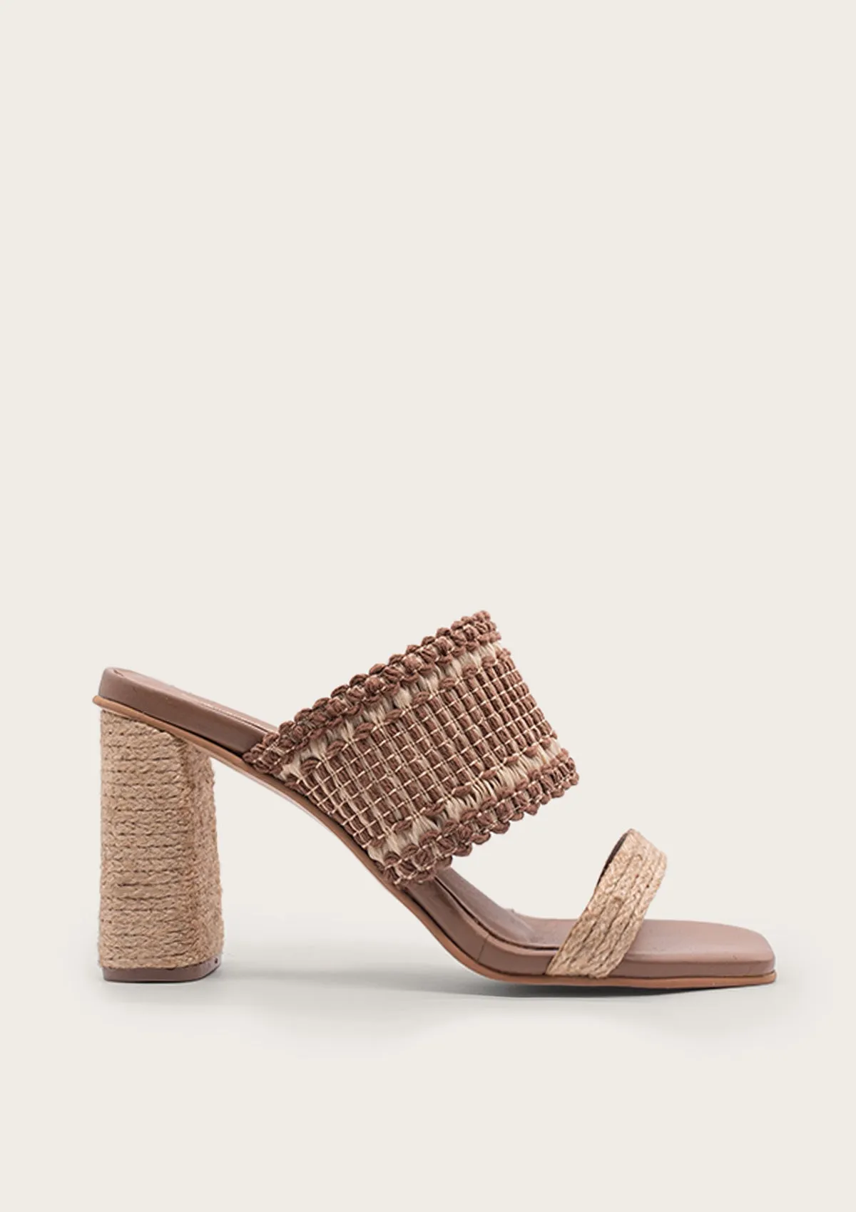 Coffee Ramie Contrast Boho Strap Heel