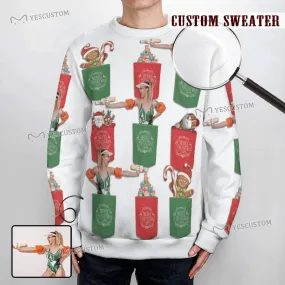 Custom Photo Ugly Christmas Sweater Round Neck Sweater for Men Christmas Castle Doll Long Sleeve Lightweight Sweater Tops Personalized Ugly Sweater With Photo