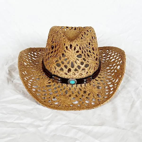 Cutout Visor Roll-Brim Western Cowboy Straw Hat 15251387C