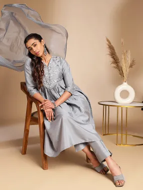 Grey Crepe Silk Yoke Embroidered Kurta Pant Set