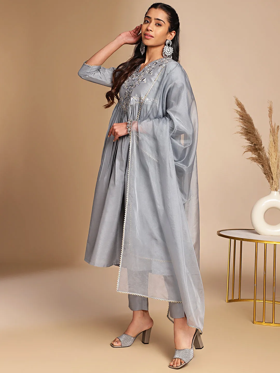 Grey Crepe Silk Yoke Embroidered Kurta Pant Set