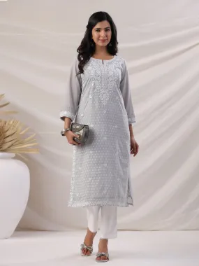 Grey Modal Chanderi Embroidered Kurta Pant Set