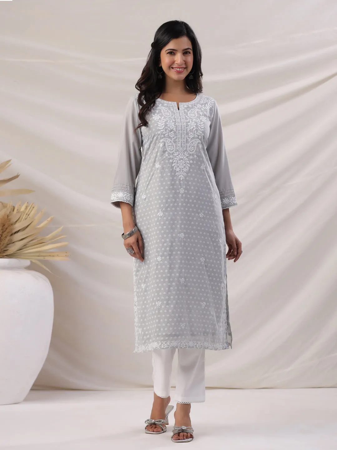 Grey Modal Chanderi Embroidered Kurta Pant Set