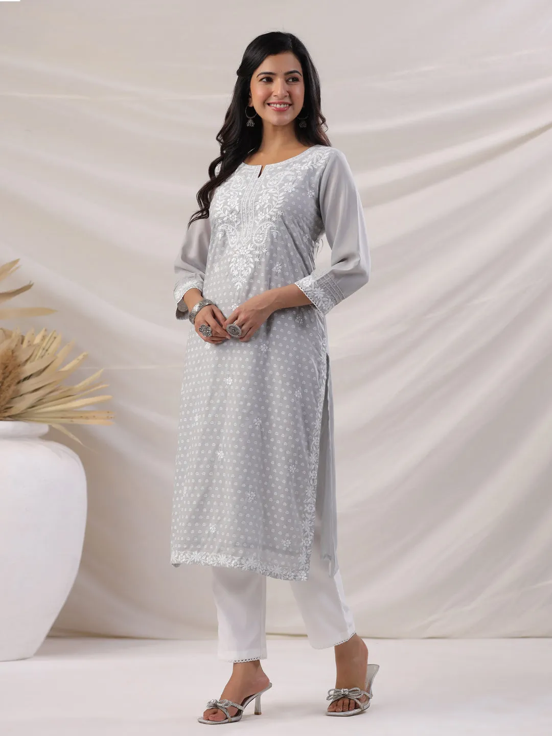 Grey Modal Chanderi Embroidered Kurta Pant Set