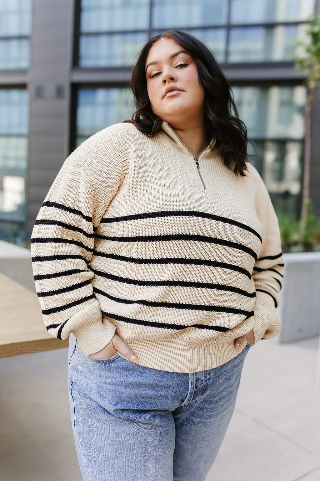 HalfZip Sweater- Cream & Black Stripe