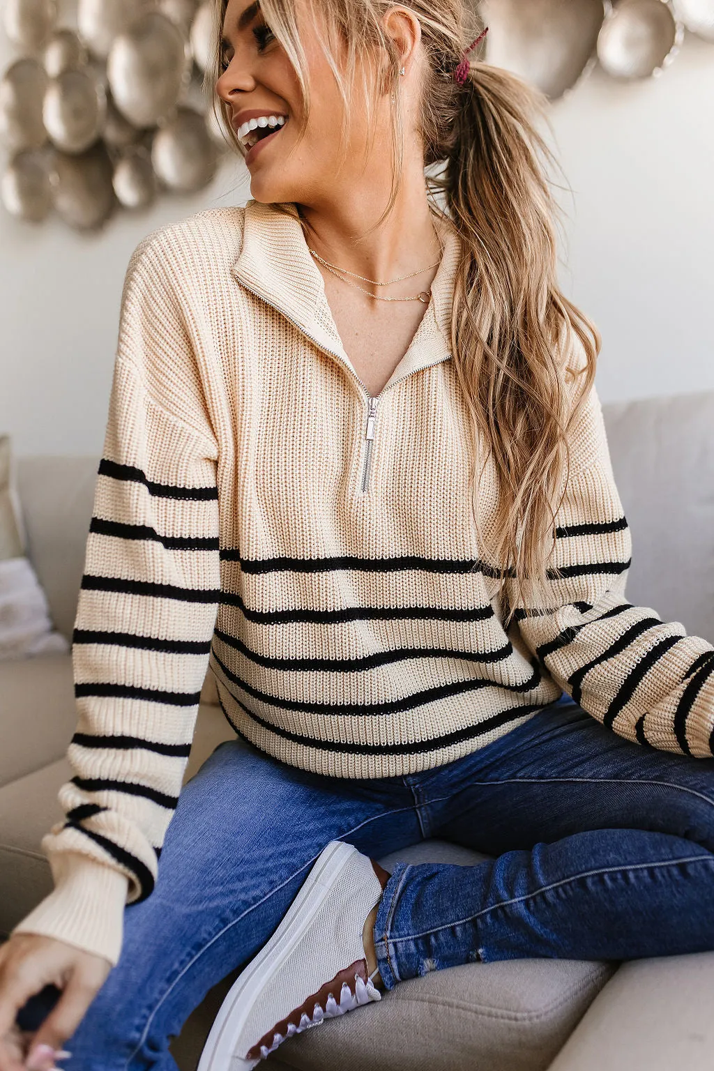 HalfZip Sweater- Cream & Black Stripe