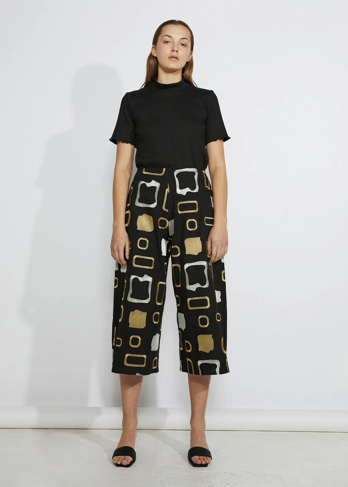 HEAVY METAL CULOTTES [ Gold, Silver Patterned Embroidery On Black Cotton ]