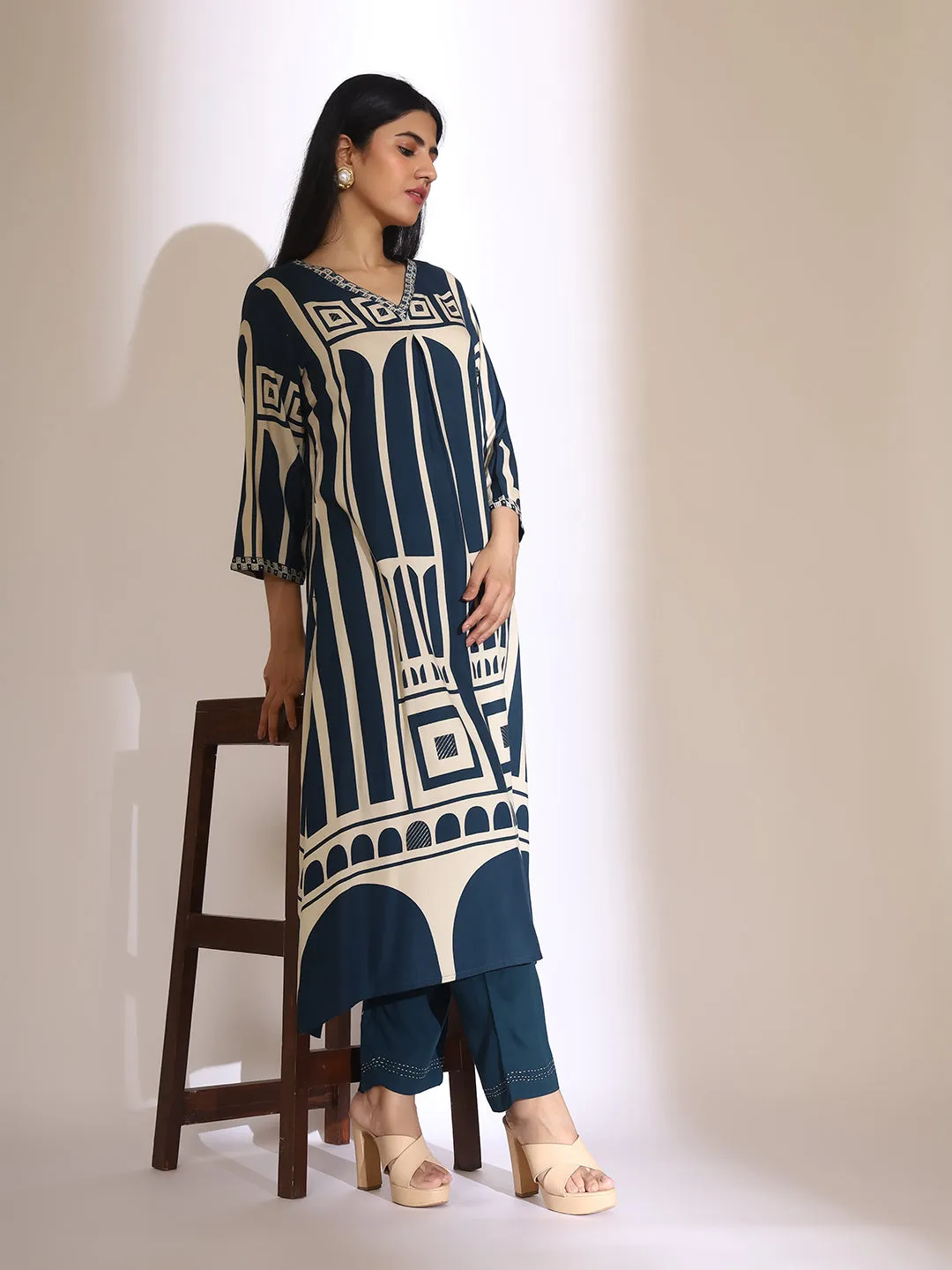 ISHIN Women Geometric Quirky Printed A- Line Kurta and Pants with Embroidered Hem