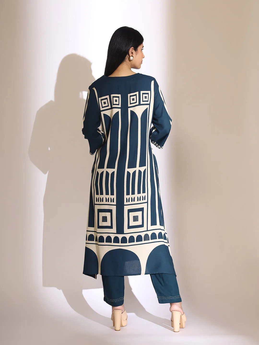 ISHIN Women Geometric Quirky Printed A- Line Kurta and Pants with Embroidered Hem