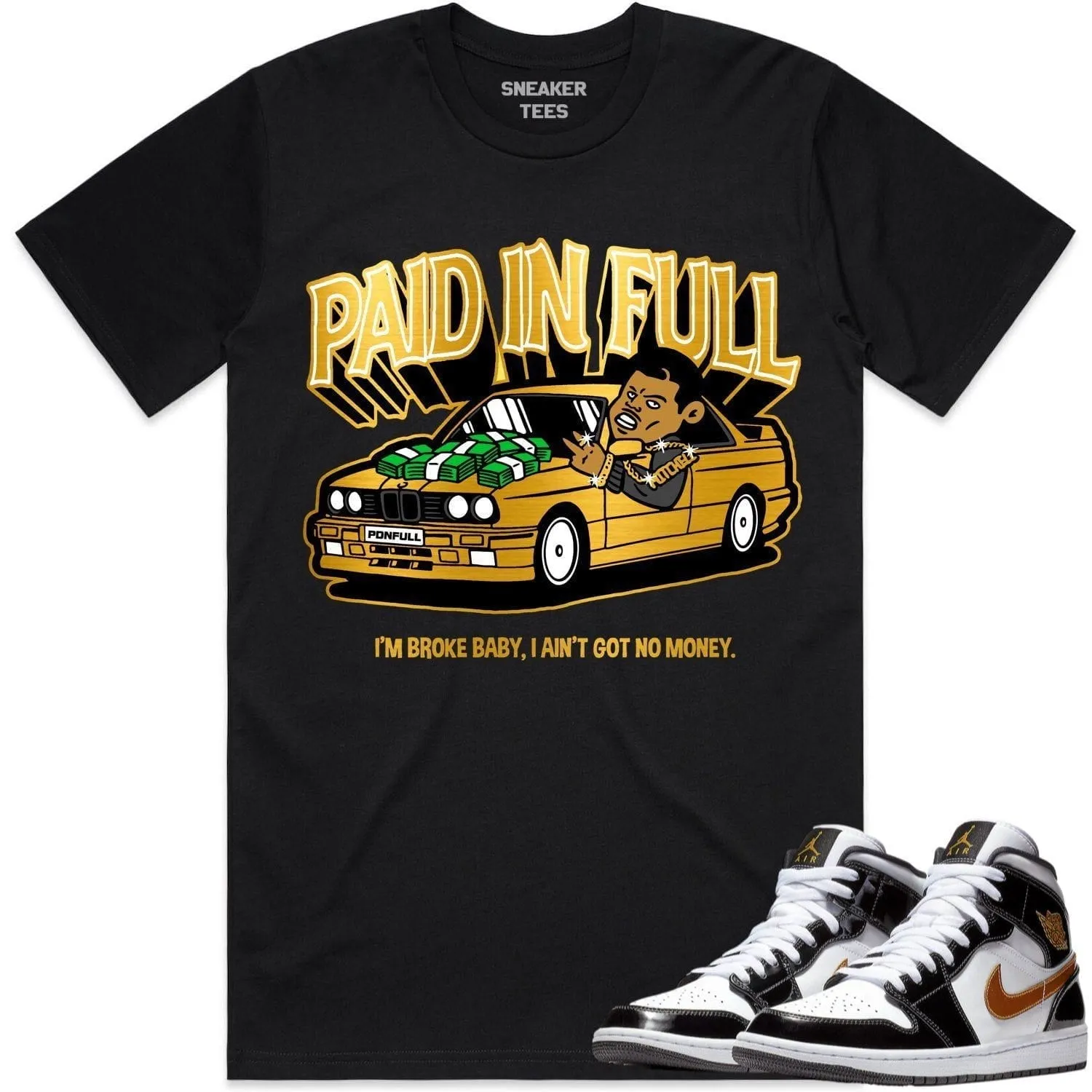 Jordan 1 Mid Patent Black Metallic Gold Shirt to Match - GOLD METALLIC PAID