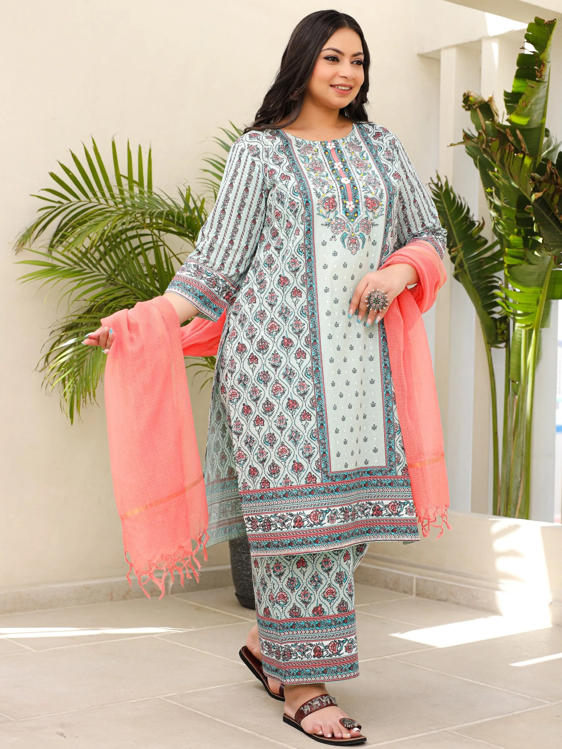 Juniper Mint Ethnic Motif Printed Cotton Cambric Plus Size Kurta Palazzo & Dupatta Set With Beads & Sequins (3-Pcs)