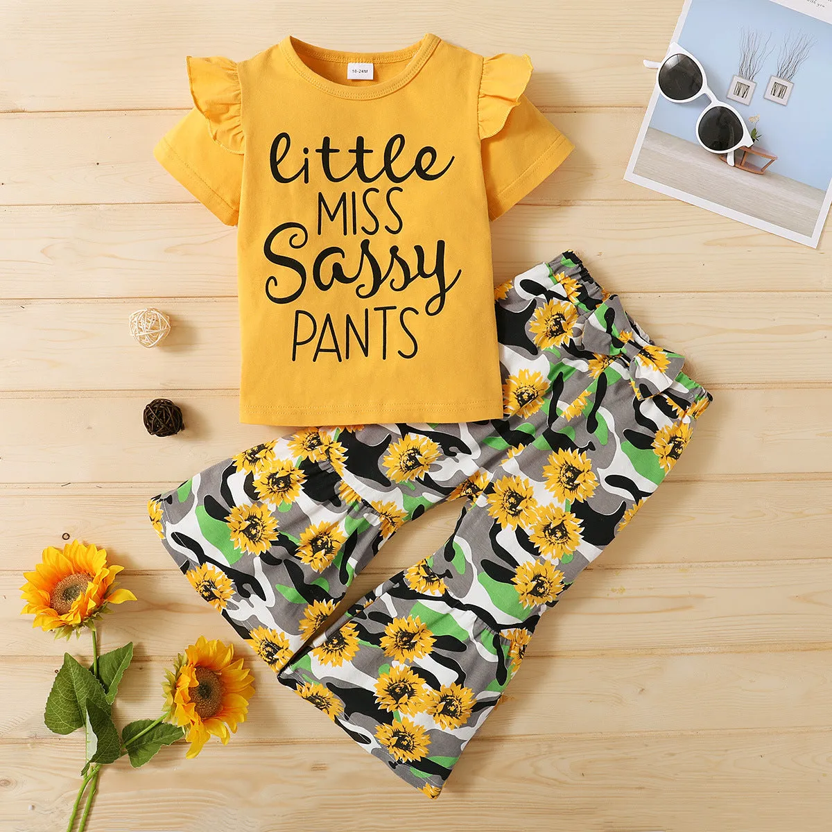 Kid Girls Summer Solid Color Letters Short-sleeved T-shirt Sunflower Flared Pants Set