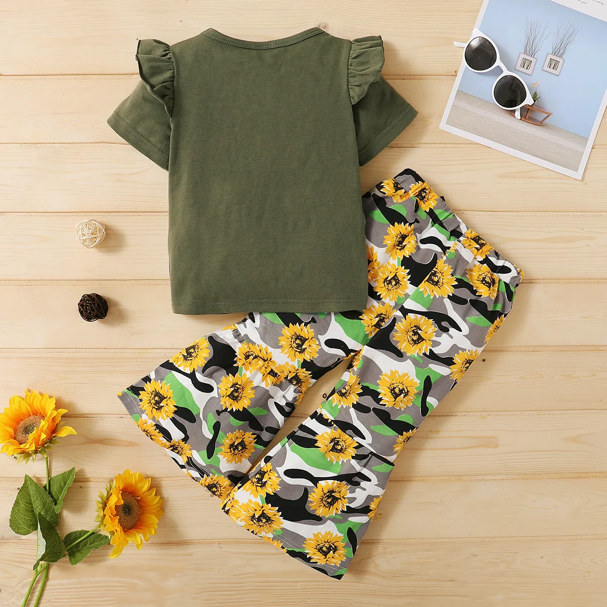 Kid Girls Summer Solid Color Letters Short-sleeved T-shirt Sunflower Flared Pants Set