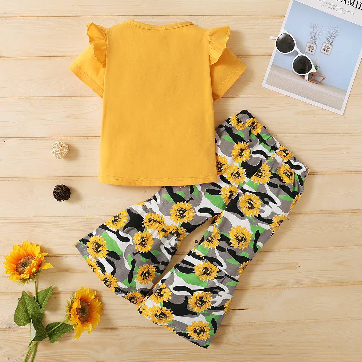 Kid Girls Summer Solid Color Letters Short-sleeved T-shirt Sunflower Flared Pants Set