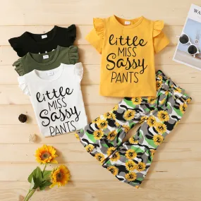 Kid Girls Summer Solid Color Letters Short-sleeved T-shirt Sunflower Flared Pants Set