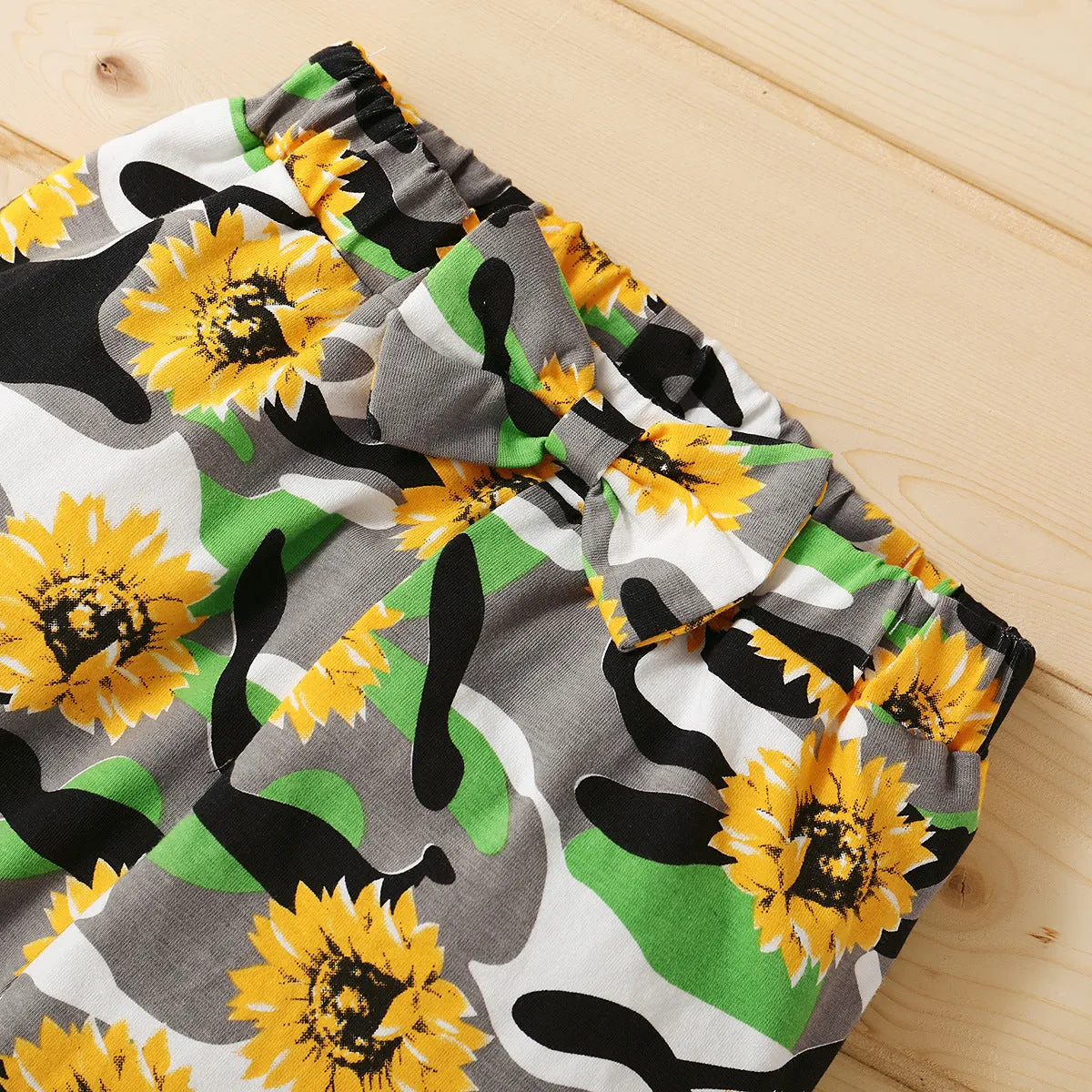 Kid Girls Summer Solid Color Letters Short-sleeved T-shirt Sunflower Flared Pants Set