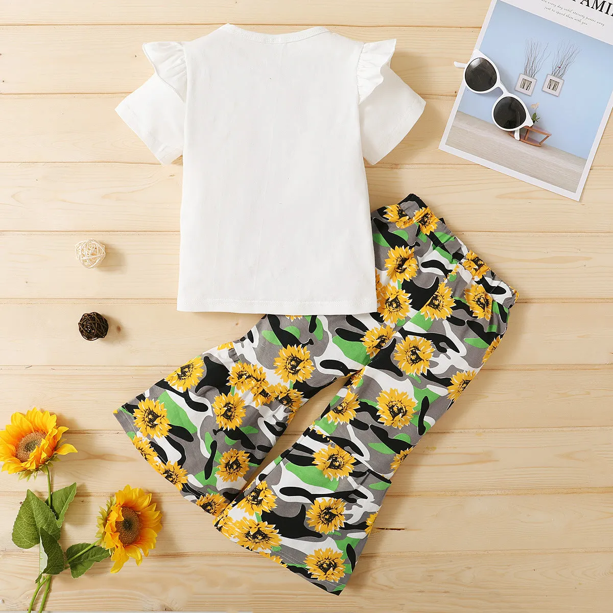 Kid Girls Summer Solid Color Letters Short-sleeved T-shirt Sunflower Flared Pants Set