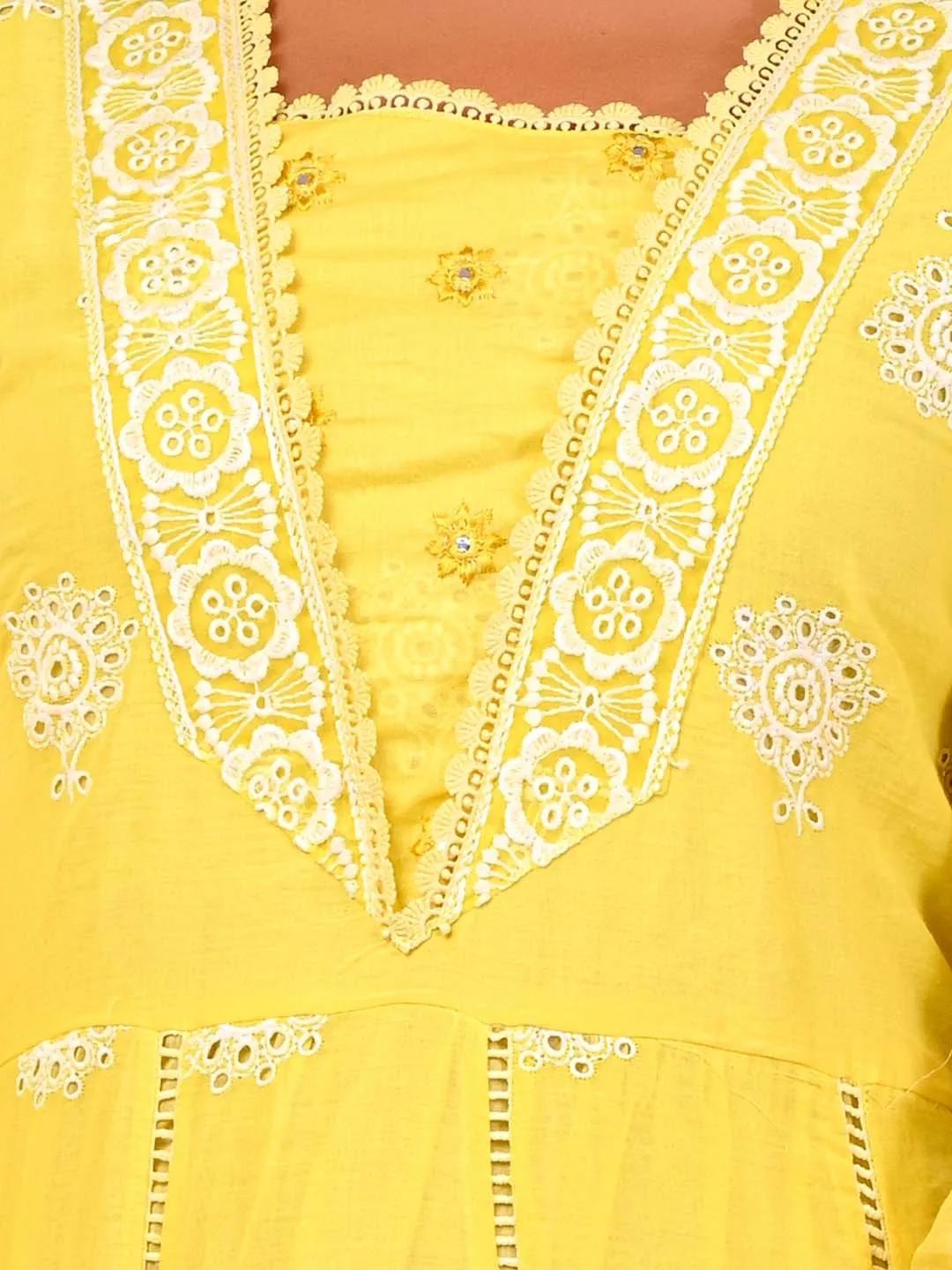 Lemon Cotton Mul Embroidered Kurta with Pant and Dupatta