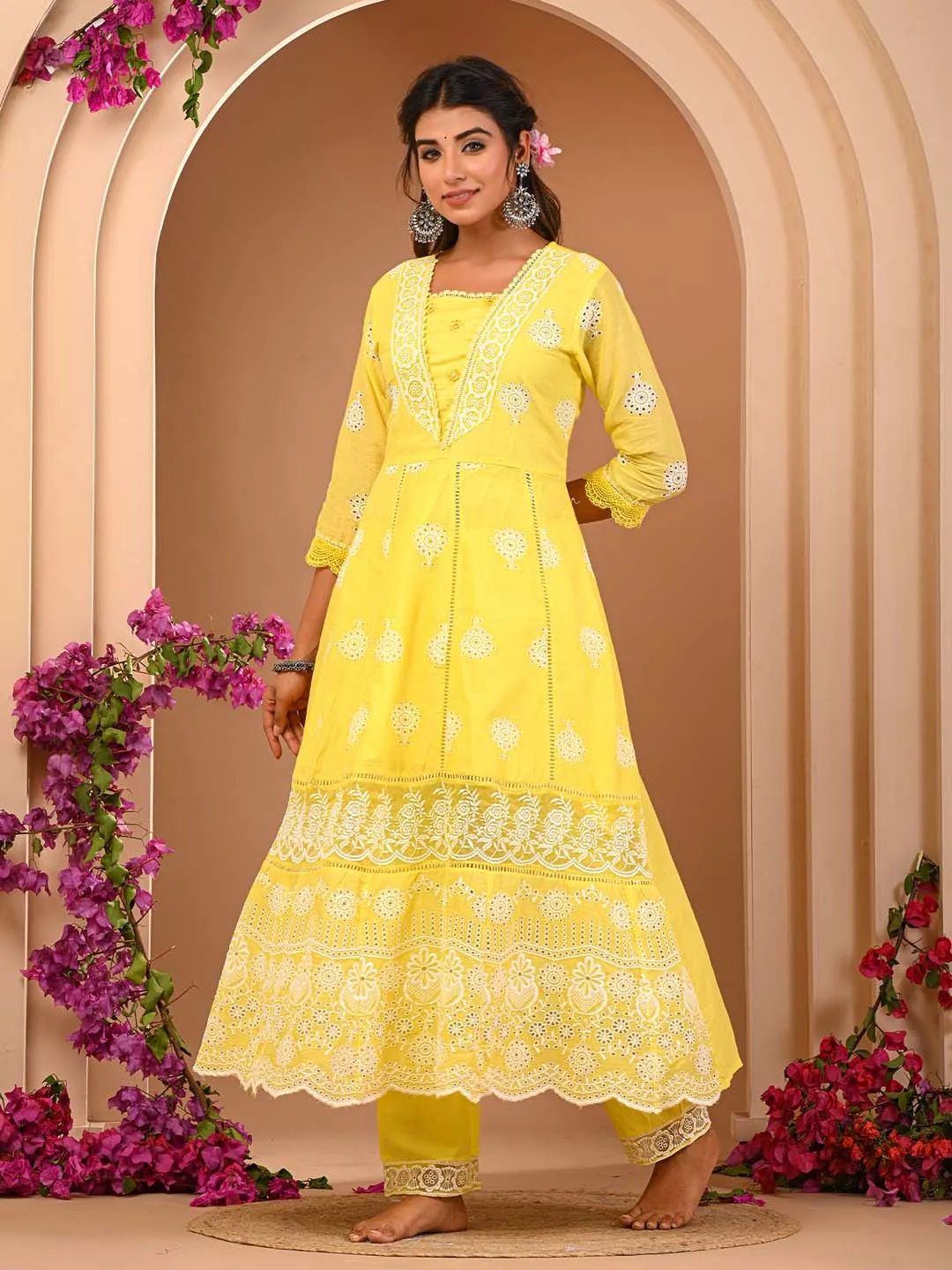 Lemon Cotton Mul Embroidered Kurta with Pant and Dupatta