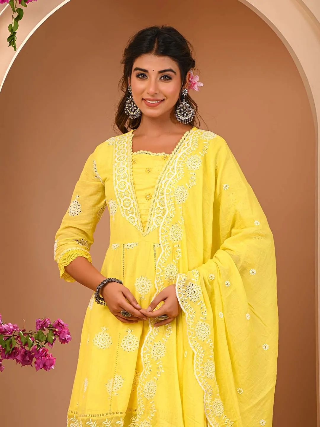 Lemon Cotton Mul Embroidered Kurta with Pant and Dupatta