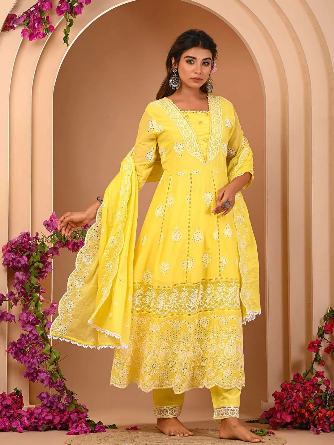 Lemon Cotton Mul Embroidered Kurta with Pant and Dupatta