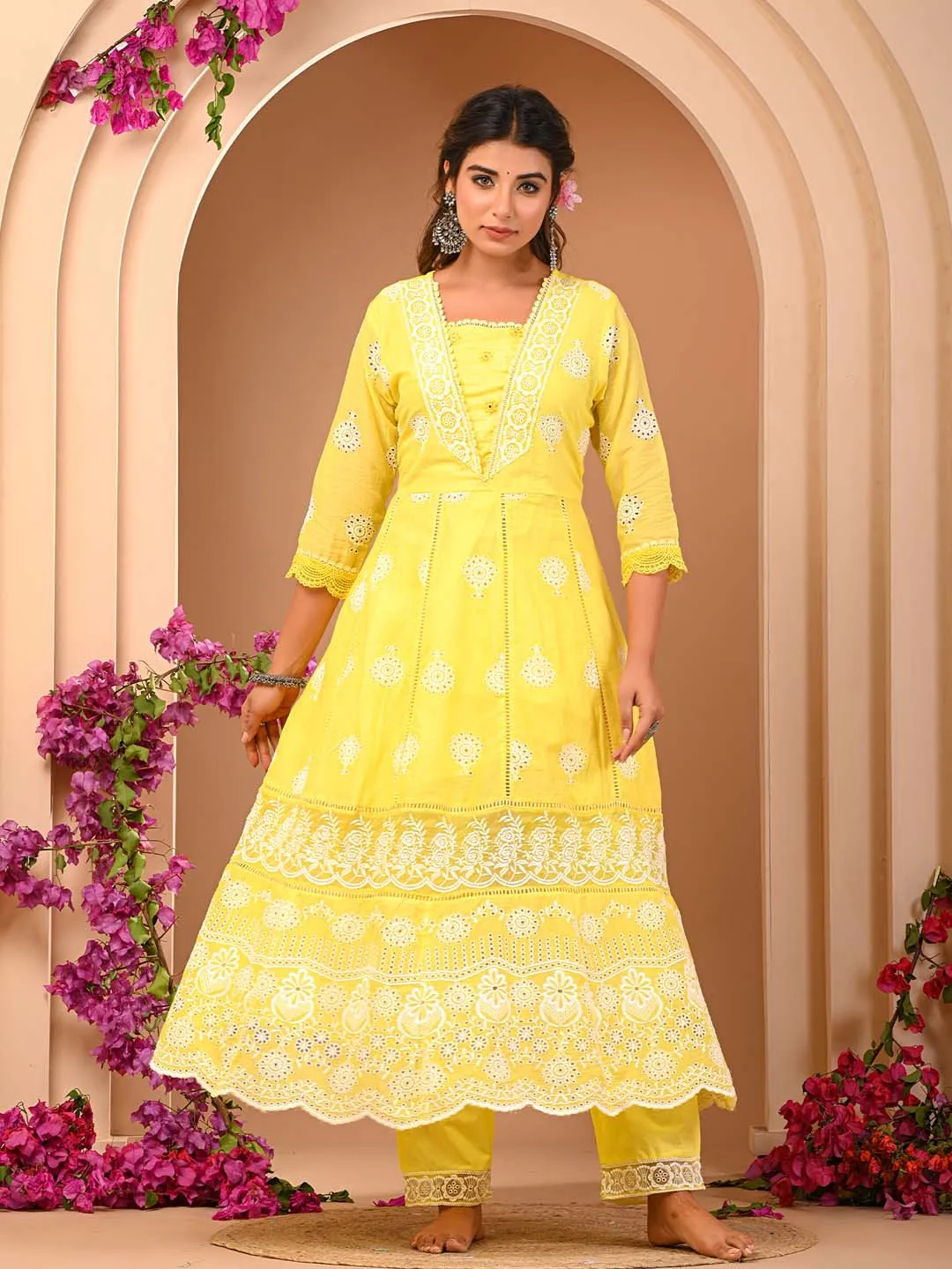 Lemon Cotton Mul Embroidered Kurta with Pant and Dupatta