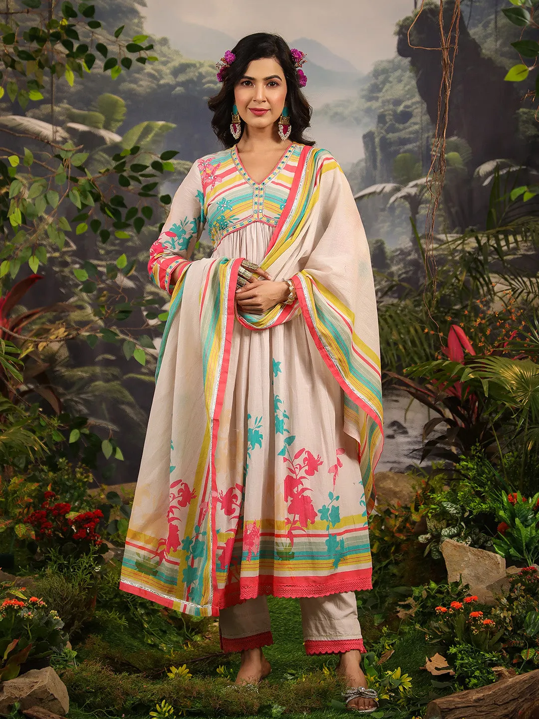 Multicolor Cotton Mul Embellished Kurta with Pant and Dupatta