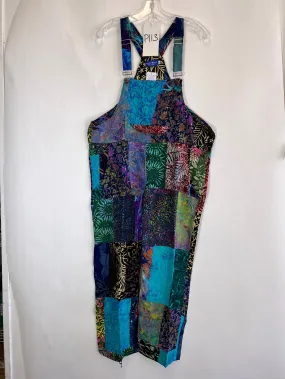 P113 One of a Kind Playful Batik Patchwork Overalls M