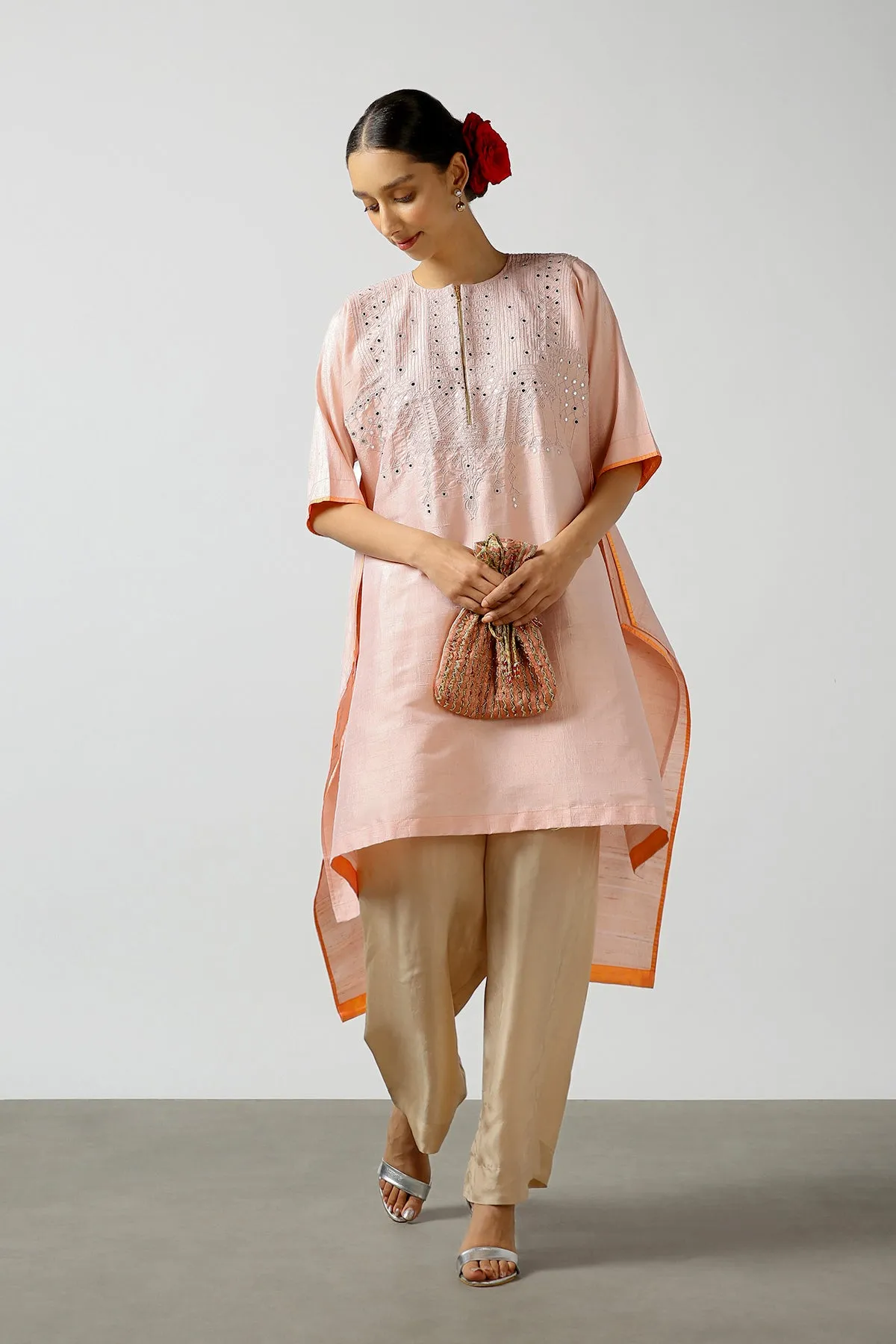 Peach Raw Silk Top with Mirror Work Yoke. Tussar Pant or M. Giri Pant.