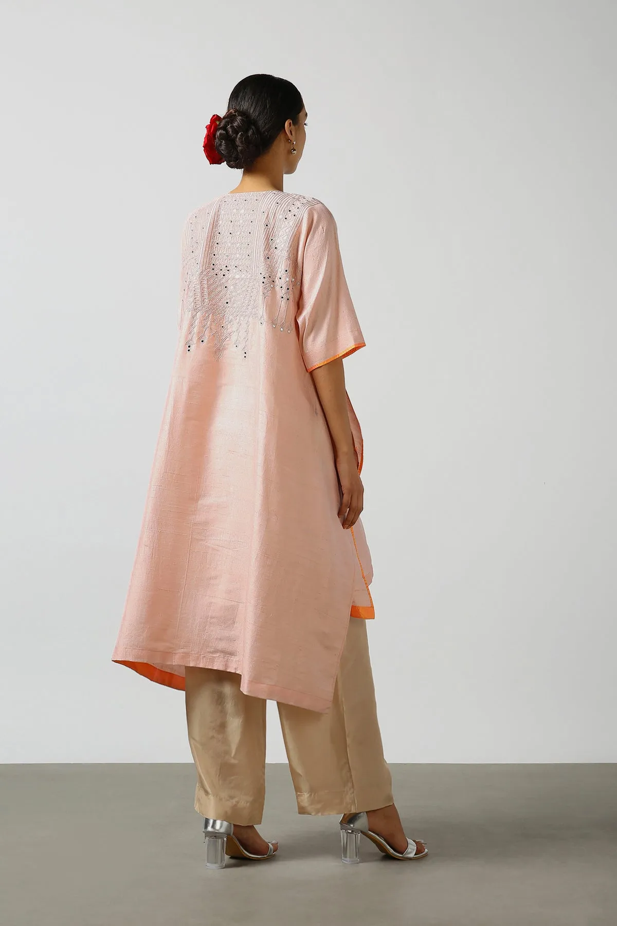 Peach Raw Silk Top with Mirror Work Yoke. Tussar Pant or M. Giri Pant.