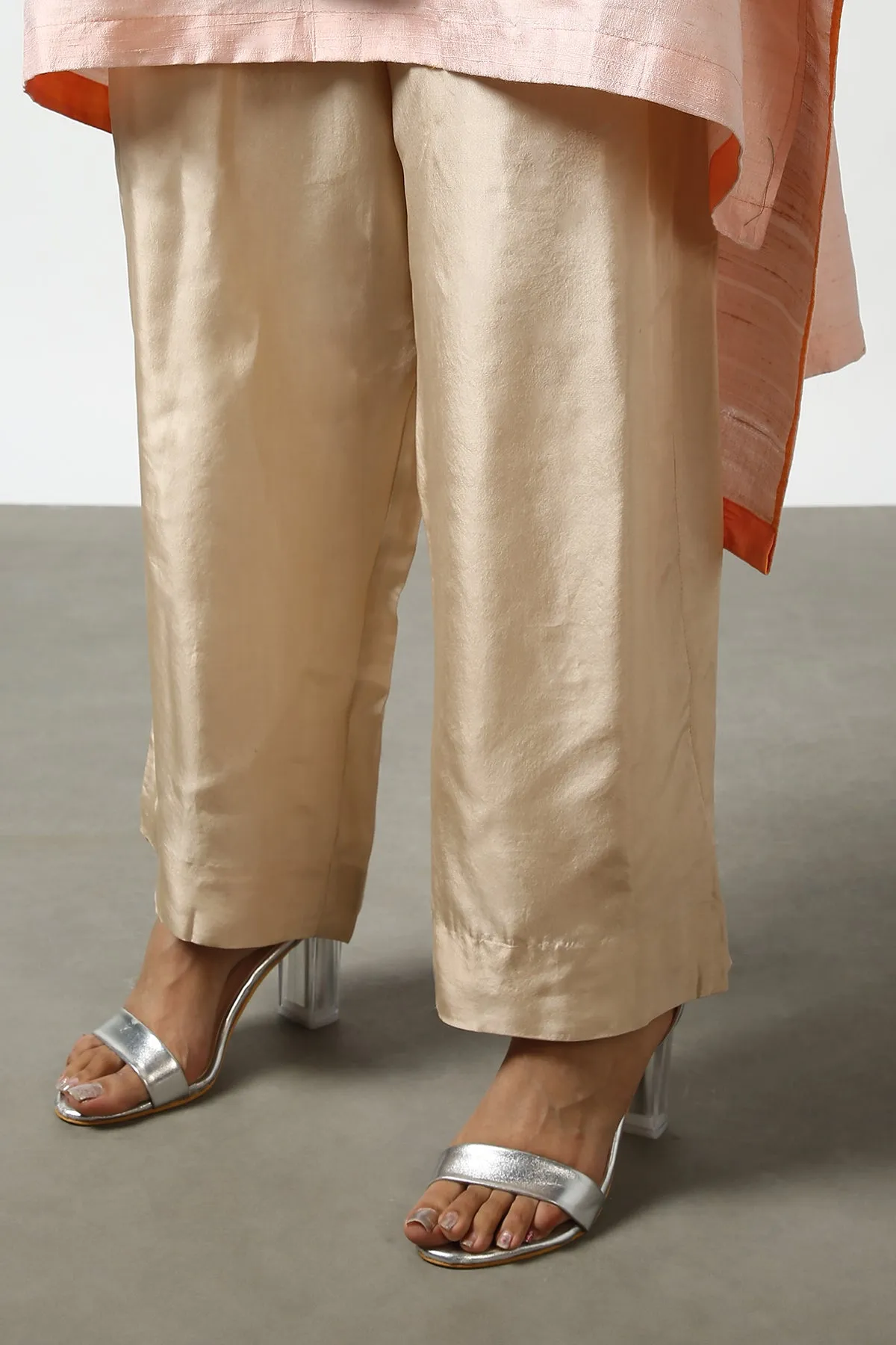 Peach Raw Silk Top with Mirror Work Yoke. Tussar Pant or M. Giri Pant.