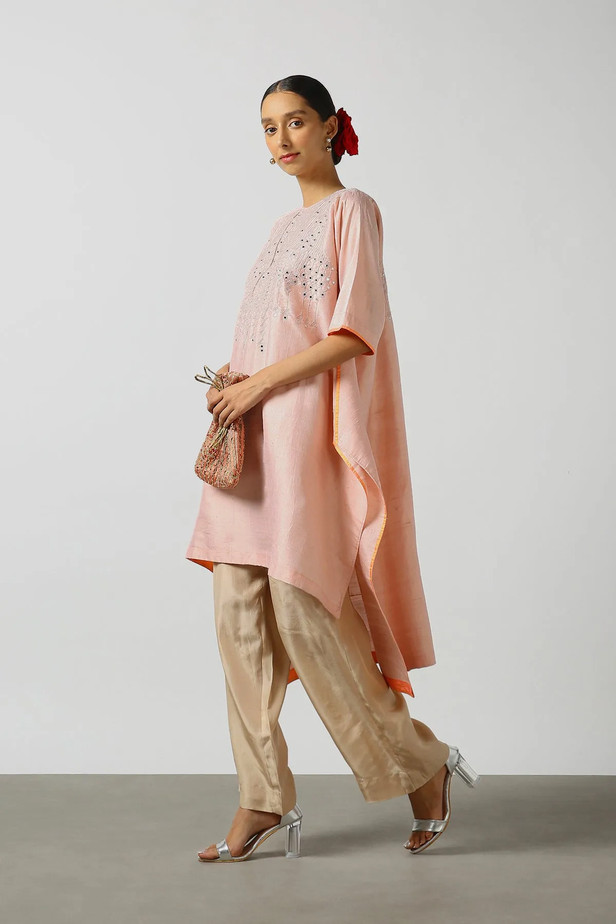 Peach Raw Silk Top with Mirror Work Yoke. Tussar Pant or M. Giri Pant.