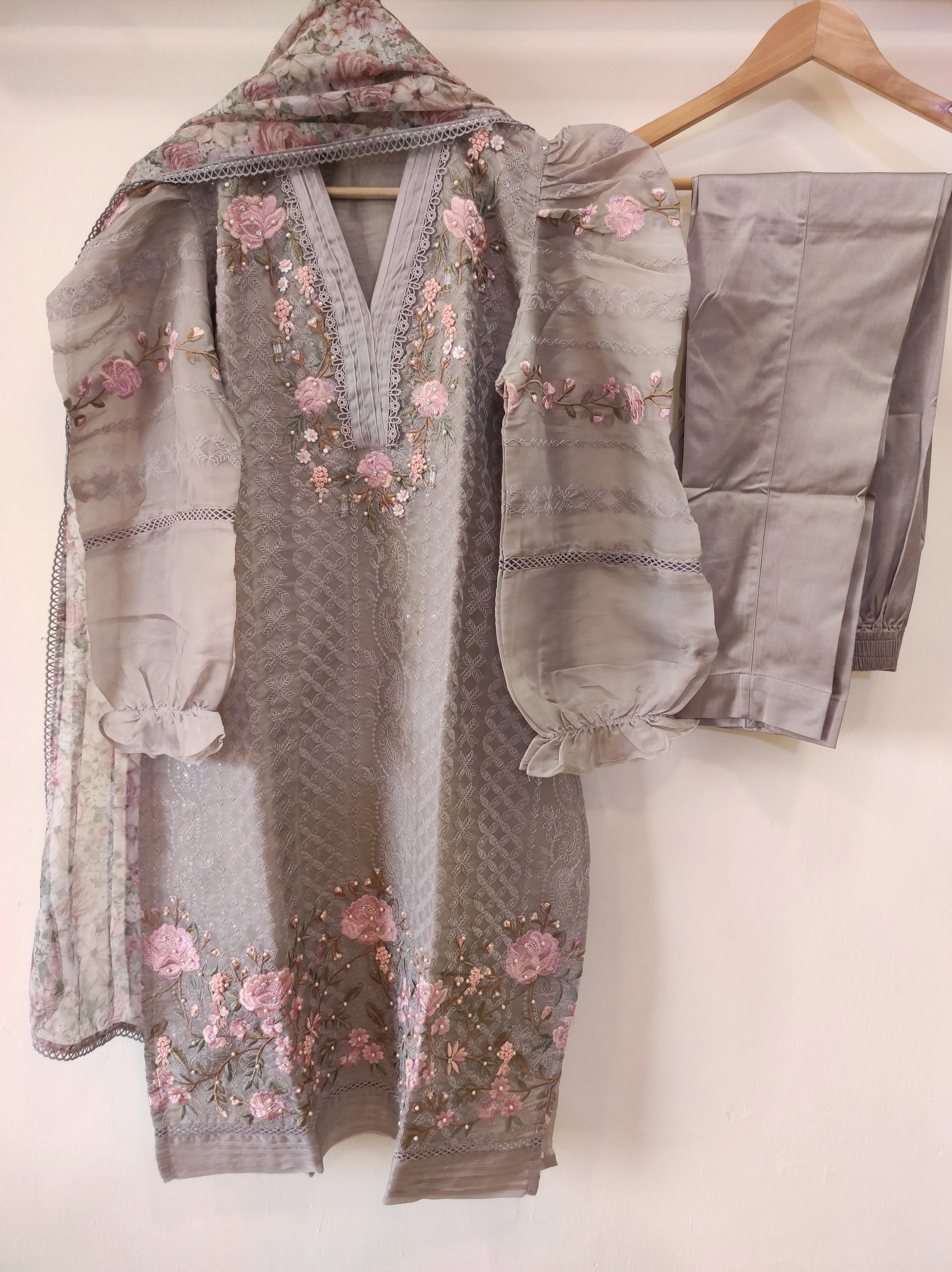 Puff-Sleeved Organza Tunic Set-Grey