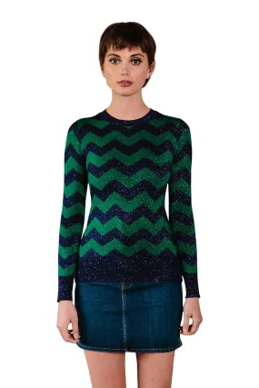 Zigzag Lurex Crew Neck Sweater in Purple and Emerald