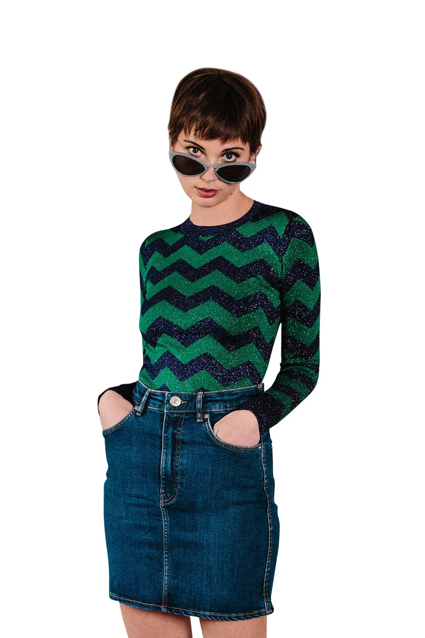 Zigzag Lurex Crew Neck Sweater in Purple and Emerald