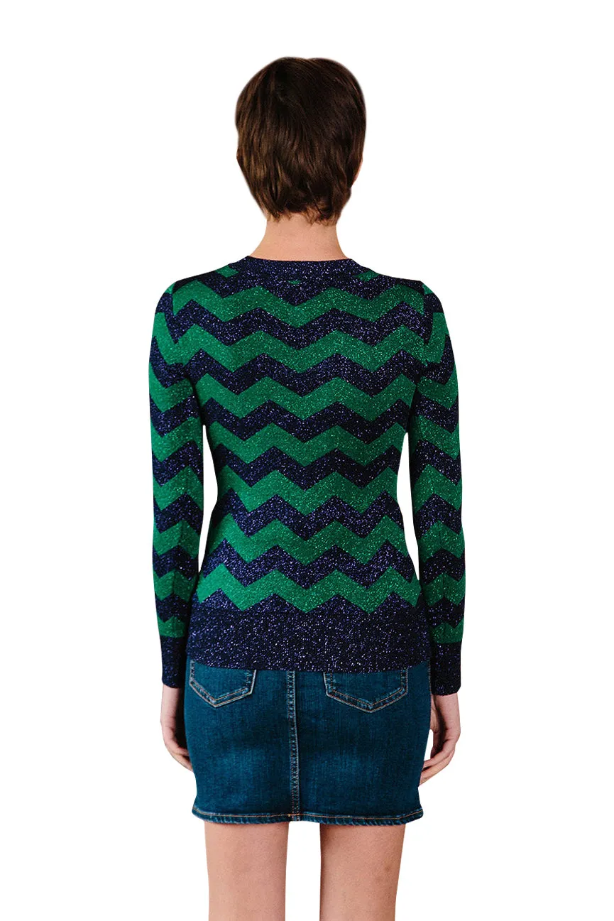 Zigzag Lurex Crew Neck Sweater in Purple and Emerald