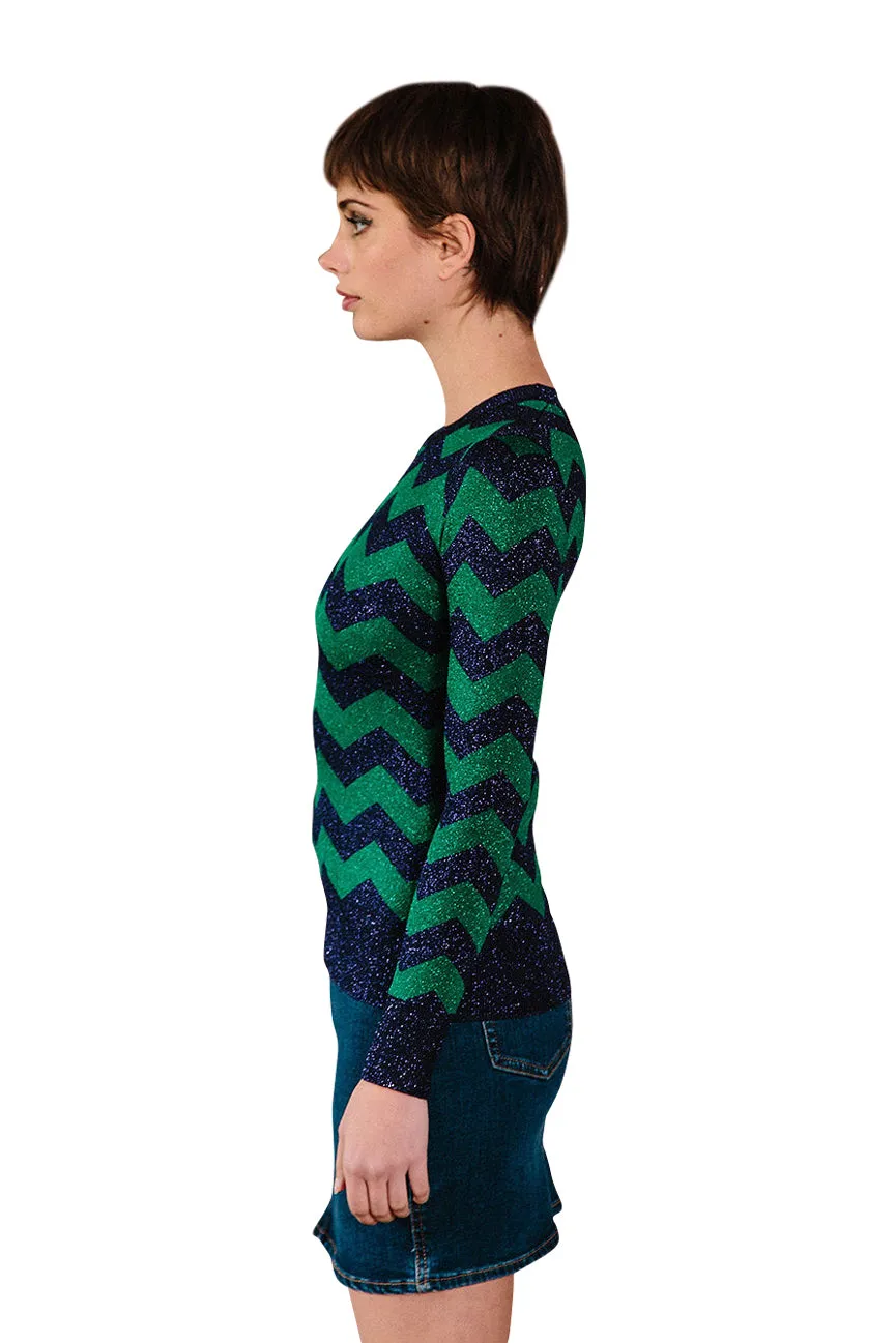 Zigzag Lurex Crew Neck Sweater in Purple and Emerald